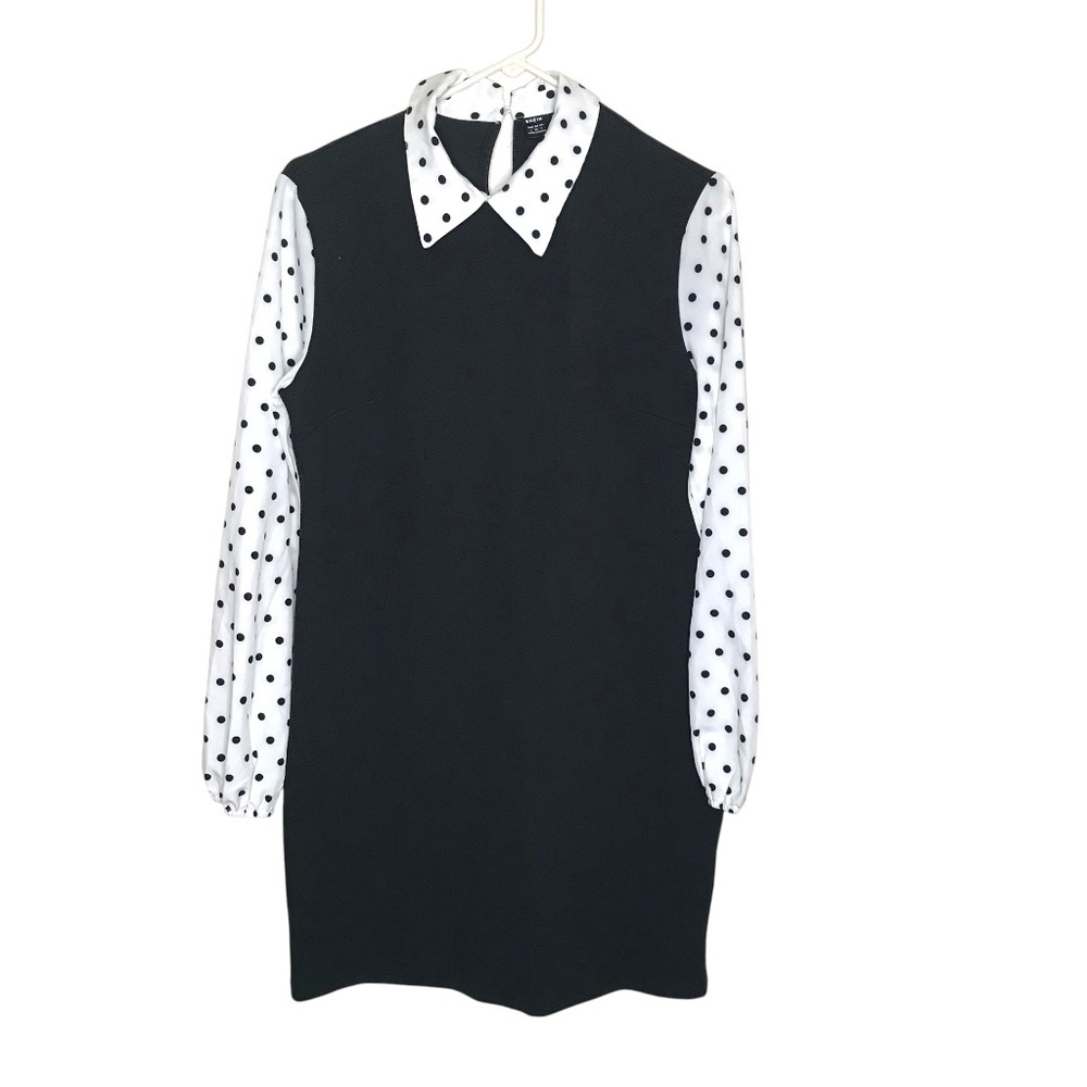 Black Shift Dress with White Polka Dot Sleeves & Collar – Mod Vintage-Inspired S